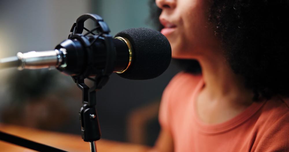 Mic,,Talking,And,Woman,In,Studio,For,Podcast,,Recording,Broadcast